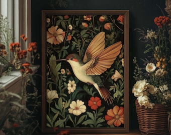 Moody Hummingbird Print, Dark Cottagecore William Morris Art, Mystical Botanical Wall Decor, Whimisgoth Print, PRINTED AND SHIPPED, #108
