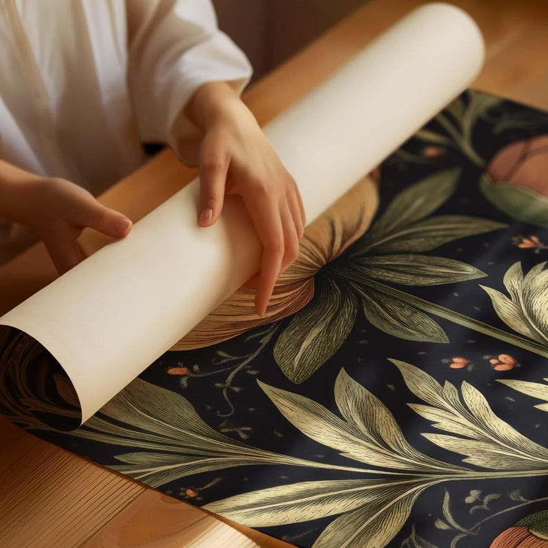 May include: A roll of dark blue wallpaper with a gold and green floral pattern. The wallpaper is being unrolled by a person's hand.