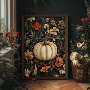 a vintage style painting of a pumpkin between lush flowers. This print is in the style of William Morris