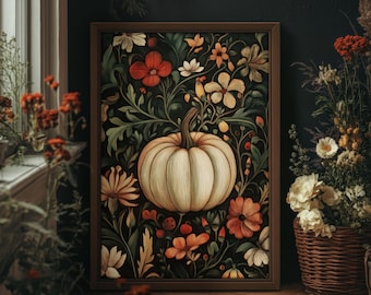 May include: A framed artwork featuring a cream-colored pumpkin surrounded by flowers in shades of red, orange, and white against a dark background. The artwork is in a brown wooden frame, evoking a fall or harvest theme.