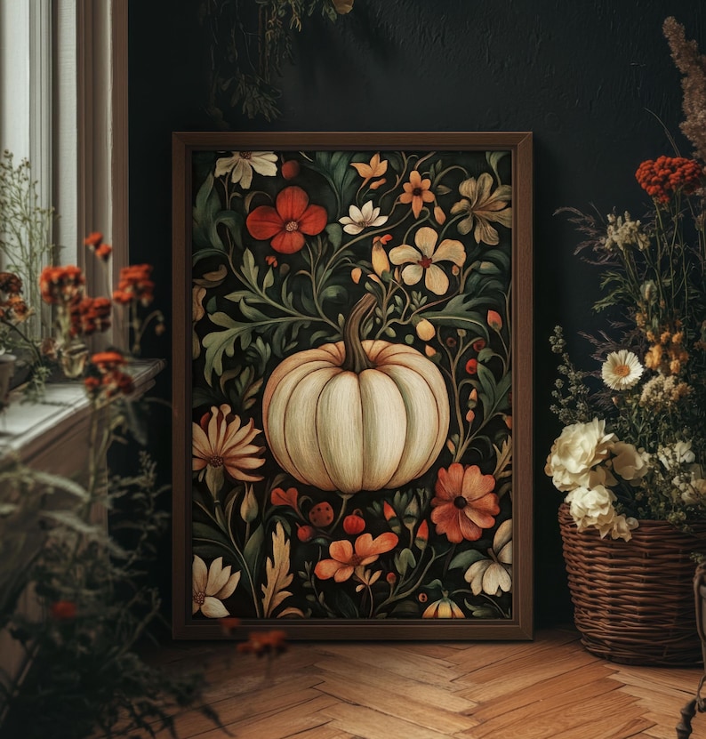 a vintage style painting of a pumpkin between lush flowers. This print is in the style of William Morris