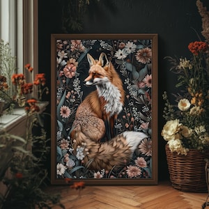 Elegant Fox William Morris Print, Dark Cottagecore, Floral Wall Decor, Botanical Pattern Print, PRINTED AND SHIPPED, #31