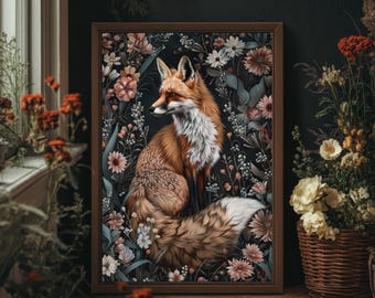 Elegant Fox William Morris Print, Dark Cottagecore, Floral Wall Decor, Botanical Pattern Print, PRINTED AND SHIPPED, #31