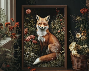 Fox in English Garden William Morris Print, Dark Cottagecore, Green Floral Wall Decor, Botanical Pattern Print, PRINTED AND SHIPPED, #29