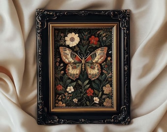 Moody Moth Print William Morris Style, Dark Cottagecore, Dark Wall Decor, Whimsigoth Botanical Print, PRINTED AND SHIPPED, #95