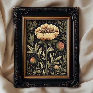 Moody Peony Print William Morris Style Wall Art, Dark Cottagecore, Moody Wall Decor, Whimsigoth Botanical Print, PRINTED AND SHIPPED, #90