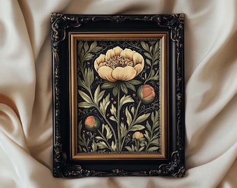 Moody Peony Print William Morris Style Wall Art, Dark Cottagecore, Moody Wall Decor, Whimsigoth Botanical Print, PRINTED AND SHIPPED, #90