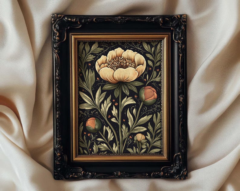 a vintage William Morris style print of a peony on a dark background. The print has a moody dark cottagecore aesthetic