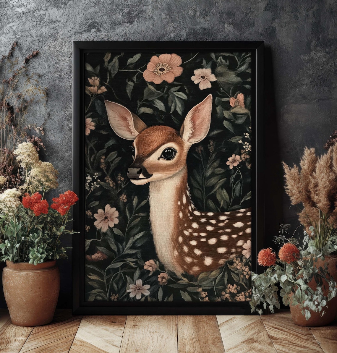 Fawn Print Dark Cottagecore, William Morris Style Wall Art, Mystical