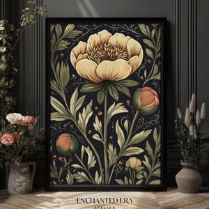 May include: A digital illustration of a yellow flower with green leaves on a dark blue background. The flower is in the center of the image and is surrounded by leaves. The text "ENCHANTED ERA ATELIER" is at the bottom of the image.