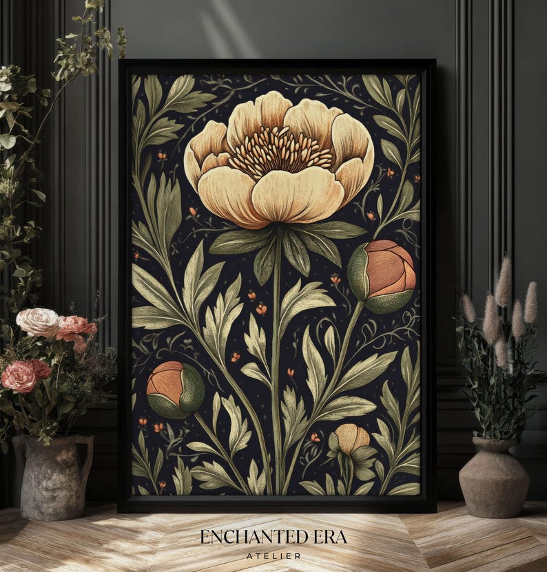 May include: A digital illustration of a yellow flower with green leaves on a dark blue background. The flower is in the center of the image and is surrounded by leaves. The text "ENCHANTED ERA ATELIER" is at the bottom of the image.