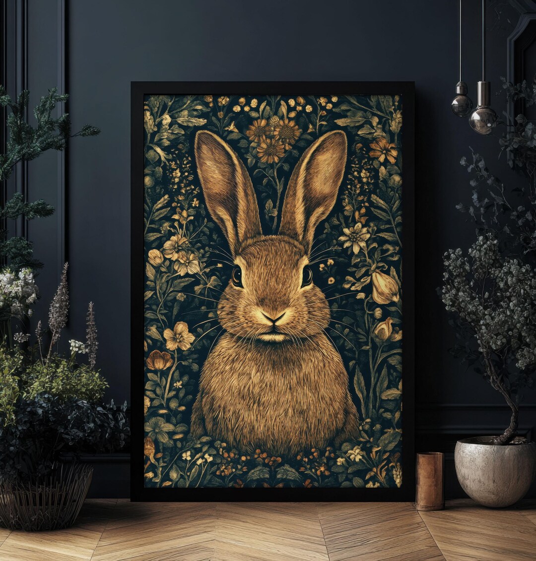 Moody Bunny Print William Morris Style Wall Art, Dark Cottagecore ...