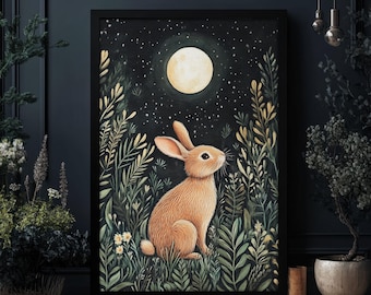 Little Rabbit in the Forest Print William Morris Style,  Folklore Dark Cottagecore, Whimsigoth Botanical Print, PRINTED AND SHIPPED, #83