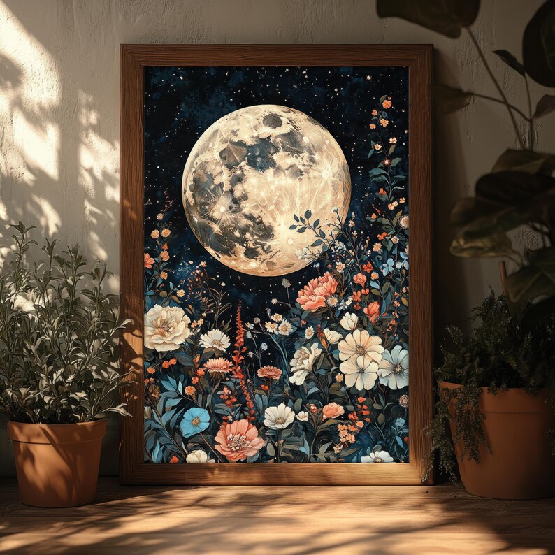 Pode incluir: Uma impress&atilde;o emoldurada de uma lua cheia com uma textura de superf&iacute;cie detalhada, cercada por um campo de flores em flor em tons de rosa, branco e azul contra um c&eacute;u noturno estrelado azul escuro.