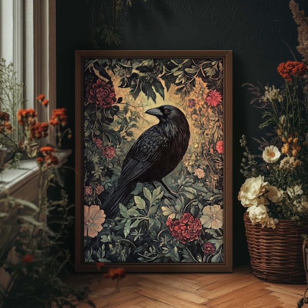 Black Crow Print Mystical William Morris Style Wall Art, Dark Cottagecore Folklore, Botanical Print, PRINTED AND SHIPPED, #99