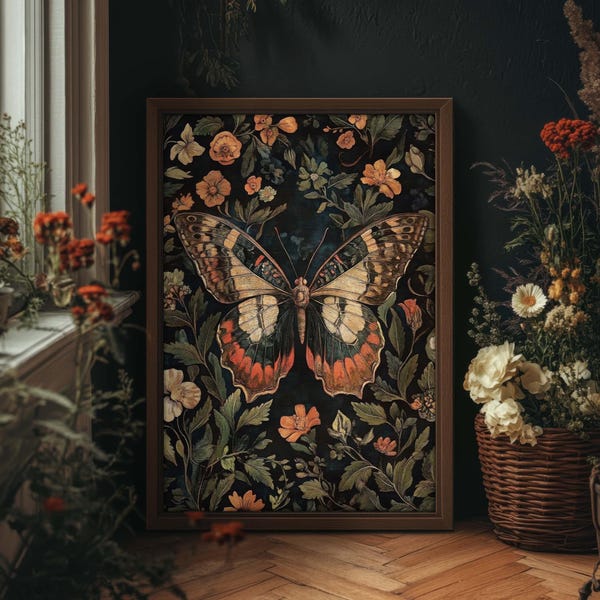 Dark Butterfly Print William Morris Style, Dark Cottagecore, Moody Wall Decor, Whimsigoth Botanical Print, PRINTED AND SHIPPED, #91