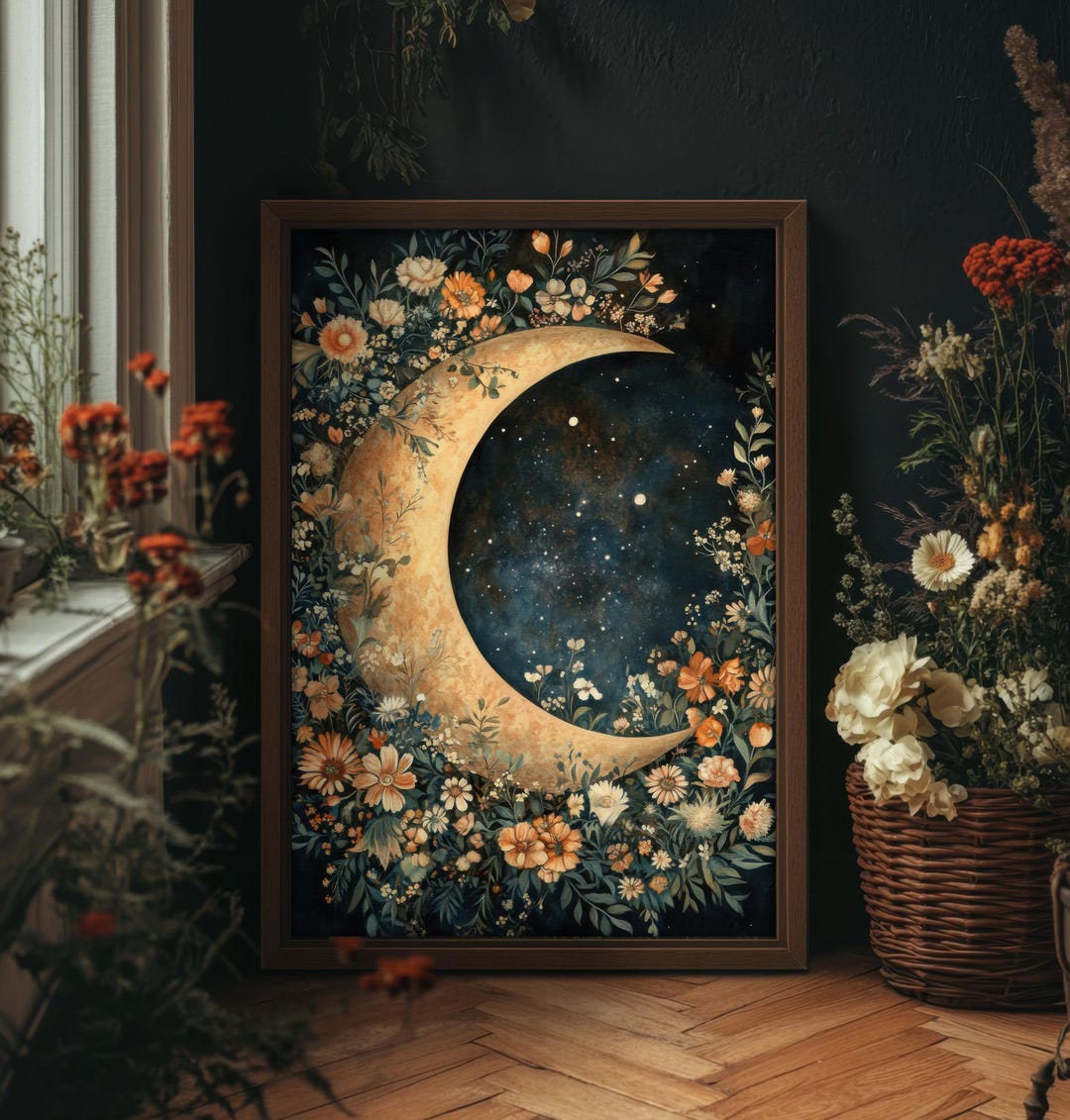 Floral Crescent Moon Dark Blue Cottagecore William Morris Print, Lunar ...
