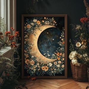 Floral Crescent Moon Dark Blue Cottagecore William Morris Print, Lunar Wall Art, Whimsigoth Decor, Botanical Print, PRINTED AND SHIPPED, #59