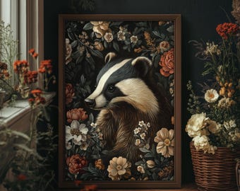 Floral Badger in Autumn Print William Morris, Art Nouveau Wall Art, Dark Cottagecore Whimsigoth Decor PRINTED AND SHIPPED, #43