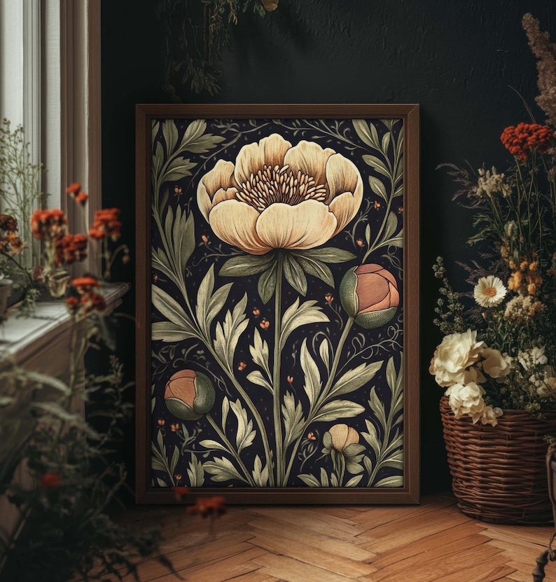May include: A framed art print featuring a stylized illustration of a white peony flower with pink accents, surrounded by green leaves on a dark blue background.