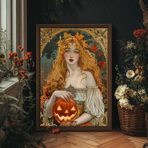 Peut inclure: Une impression d'art encadrée représentant une femme aux longs cheveux roux tenant une citrouille sculptée. L'œuvre d'art a une esthétique vintage avec des feuilles d'automne et une bordure décorative. La femme porte une robe blanche et dorée.