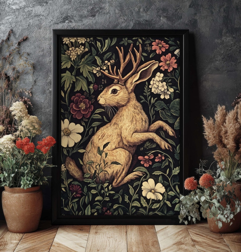 May include: A vintage-style illustration of a brown rabbit with antlers, surrounded by a lush floral pattern in shades of pink, white, and green. The rabbit is sitting on its hind legs, with its front paws raised.