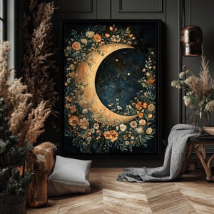 Floral Crescent Moon Dark Blue Cottagecore William Morris Print, Lunar ...