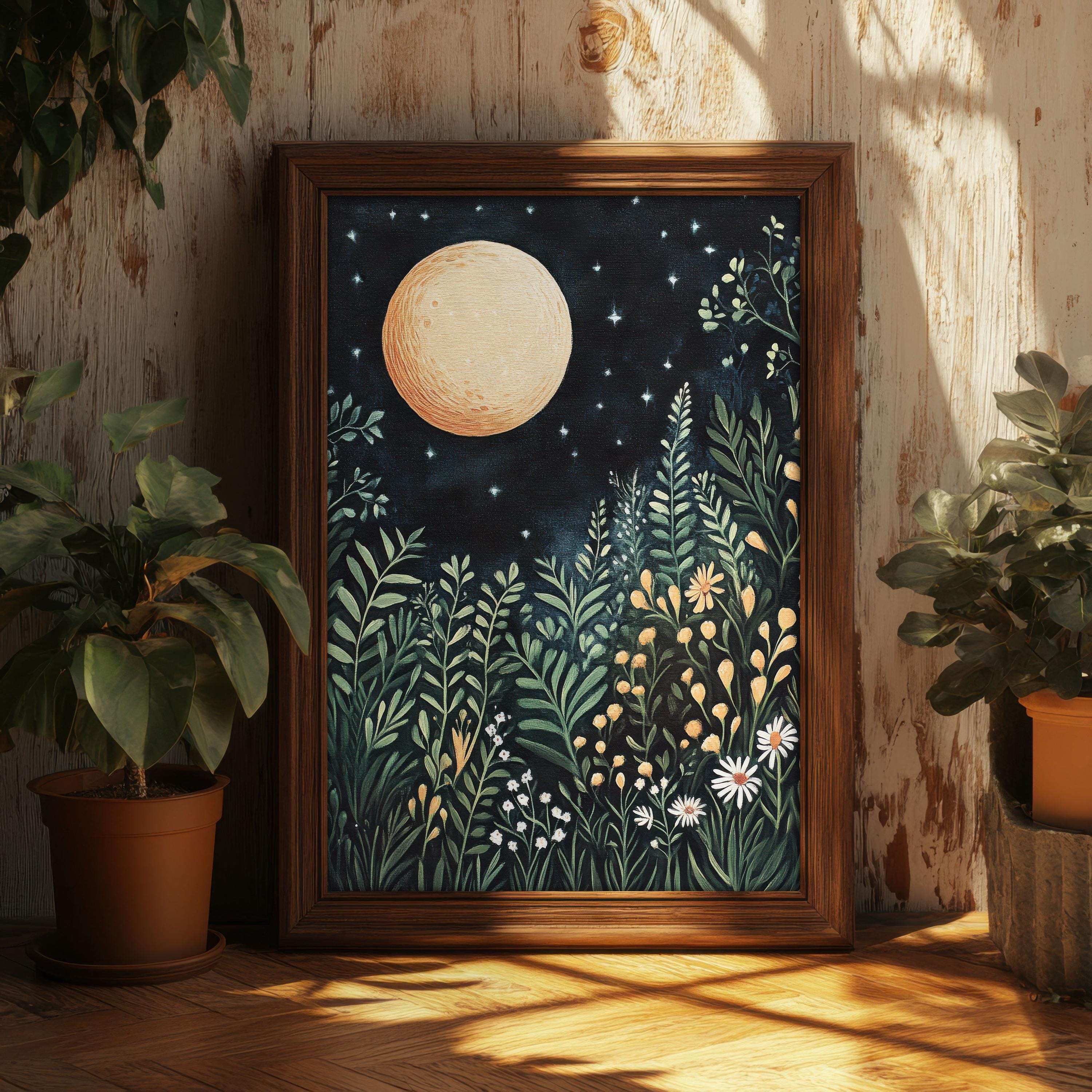 Full Moon Forest Night Print Dark Cottagecore Folklore Style Art ...