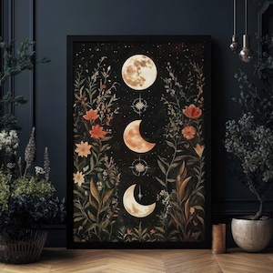 Floral Moon Print Dark Cottagecore William Morris Wall Art, Celestial Print, Witchy Gothic Decor, Botanical Print, PRINTED AND SHIPPED, #123