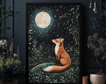Fox in Full Moon Forest William Morris Style Print, Dark Cottagecore, Floral Wall Decor, Botanical Print, PRINTED AND SHIPPED, #76