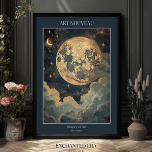 Dark Blue Moon and Stars Art Print, Celestial Art Nouveau Wall Art, Exhibition Print, PRINTED AND SHIPPED, #05