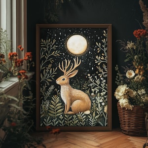 Jackalope in the Forest Print William Morris Style Wall Art, Dark Cottagecore Mythical Creature, Folklore Art, PRINTED AND SHIPPED, #94