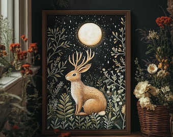 Jackalope in the Forest Print William Morris Style Wall Art, Dark Cottagecore Mythical Creature, Folklore Art, PRINTED AND SHIPPED, #94