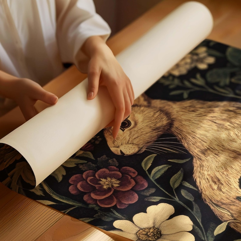 May include: A close-up of a rolled-up wallpaper with a dark background and a detailed illustration of a rabbit surrounded by flowers and foliage. The rabbit is a light brown color and has a white nose and whiskers.