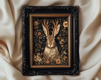 Dark Jackalope Print William Morris Style Wall Art, Dark Cottagecore Mythical Folklore Art, Whimsigoth Print, PRINTED AND SHIPPED, #92