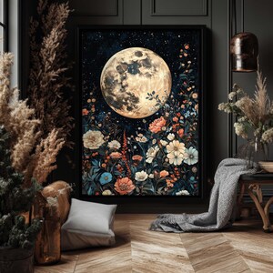 Pode incluir: Uma impress&atilde;o de arte digital que apresenta uma grande lua cheia com uma superf&iacute;cie detalhada, cercada por um campo de flores coloridas em tons de rosa, azul e amarelo. O fundo &eacute; azul escuro com estrelas brancas.