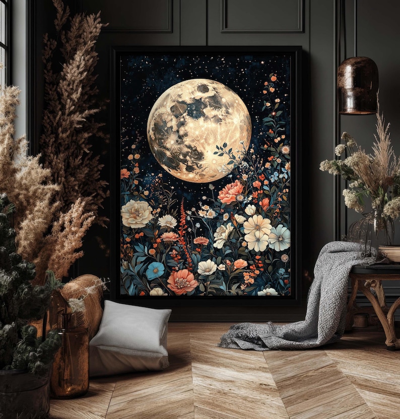 Pode incluir: Uma impress&atilde;o de arte digital que apresenta uma grande lua cheia com uma superf&iacute;cie detalhada, cercada por um campo de flores coloridas em tons de rosa, azul e amarelo. O fundo &eacute; azul escuro com estrelas brancas.