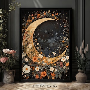 Botanical Crescent Moon Dark Cottagecore William Morris Print, Lunar Wall Art, Whimsigoth Decor, Botanical Print, PRINTED AND SHIPPED, #62