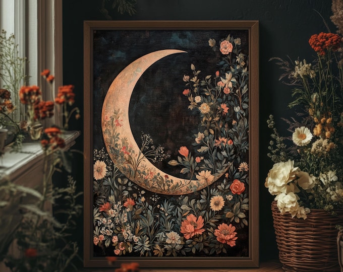 Floral Crescent Moon Dark Cottagecore William Morris Print, Lunar Wall Art, Whimsigoth Decor, Botanical Print, PRINTED AND SHIPPED, #38