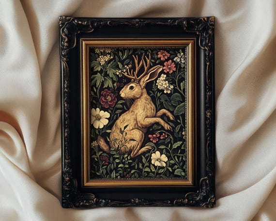 Jackalope Print Dark Botanical Art, William Morris Style, Dark Cottagecore Mythical Folklore Art, Whimsigoth Print, PRINTED AND SHIPPED, #97