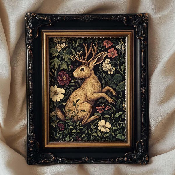 Jackalope Print Dark Botanical Art, William Morris Style, Dark Cottagecore Mythical Folklore Art, Whimsigoth Print, PRINTED AND SHIPPED, #97