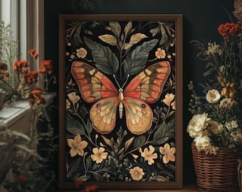 Dark Moth Print William Morris Style, Dark Cottagecore, Moody Wall Decor, Whimsigoth Botanical Print, PRINTED AND SHIPPED, #93