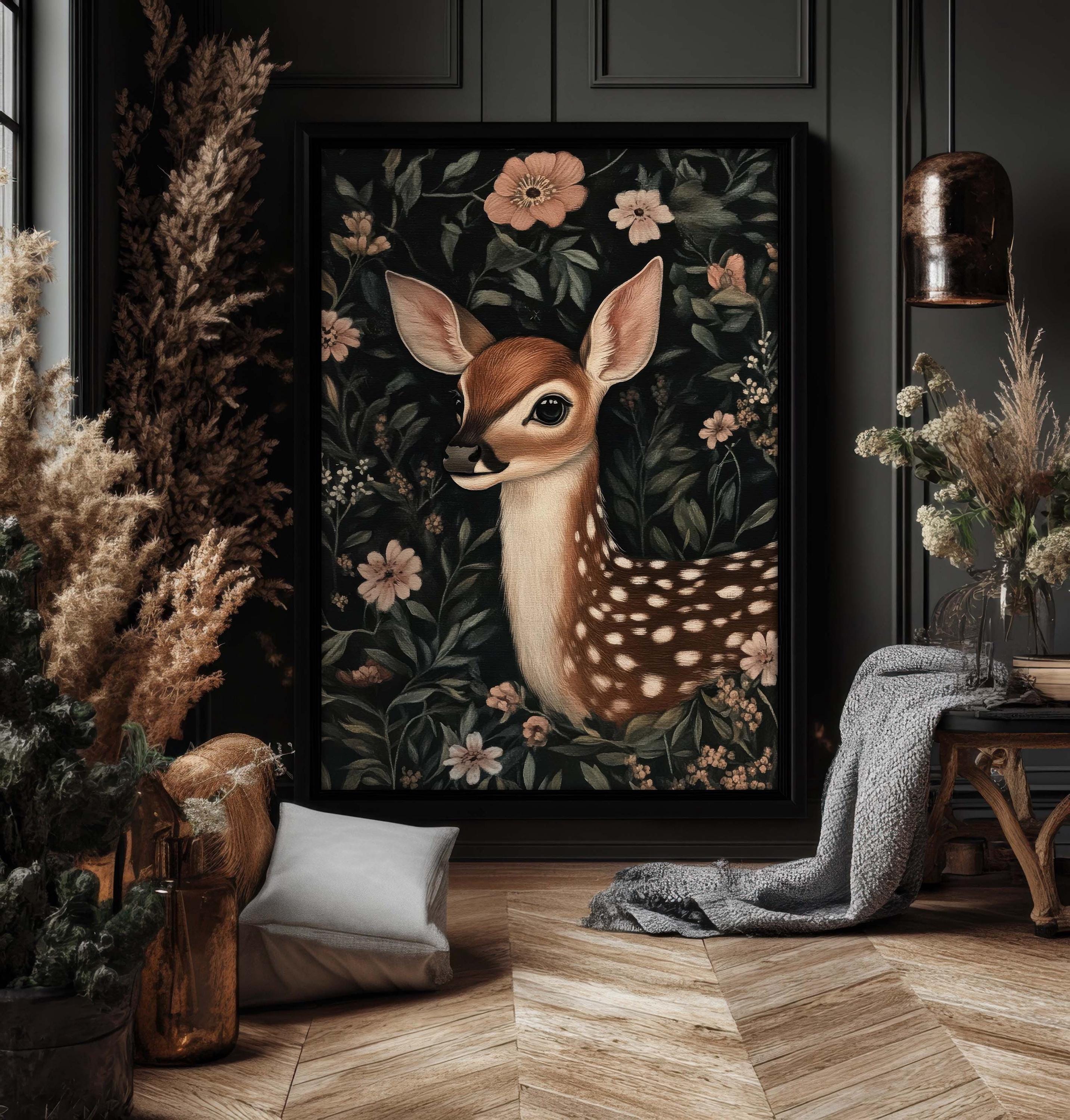 Fawn Print Dark Cottagecore, William Morris Style Wall Art, Mystical