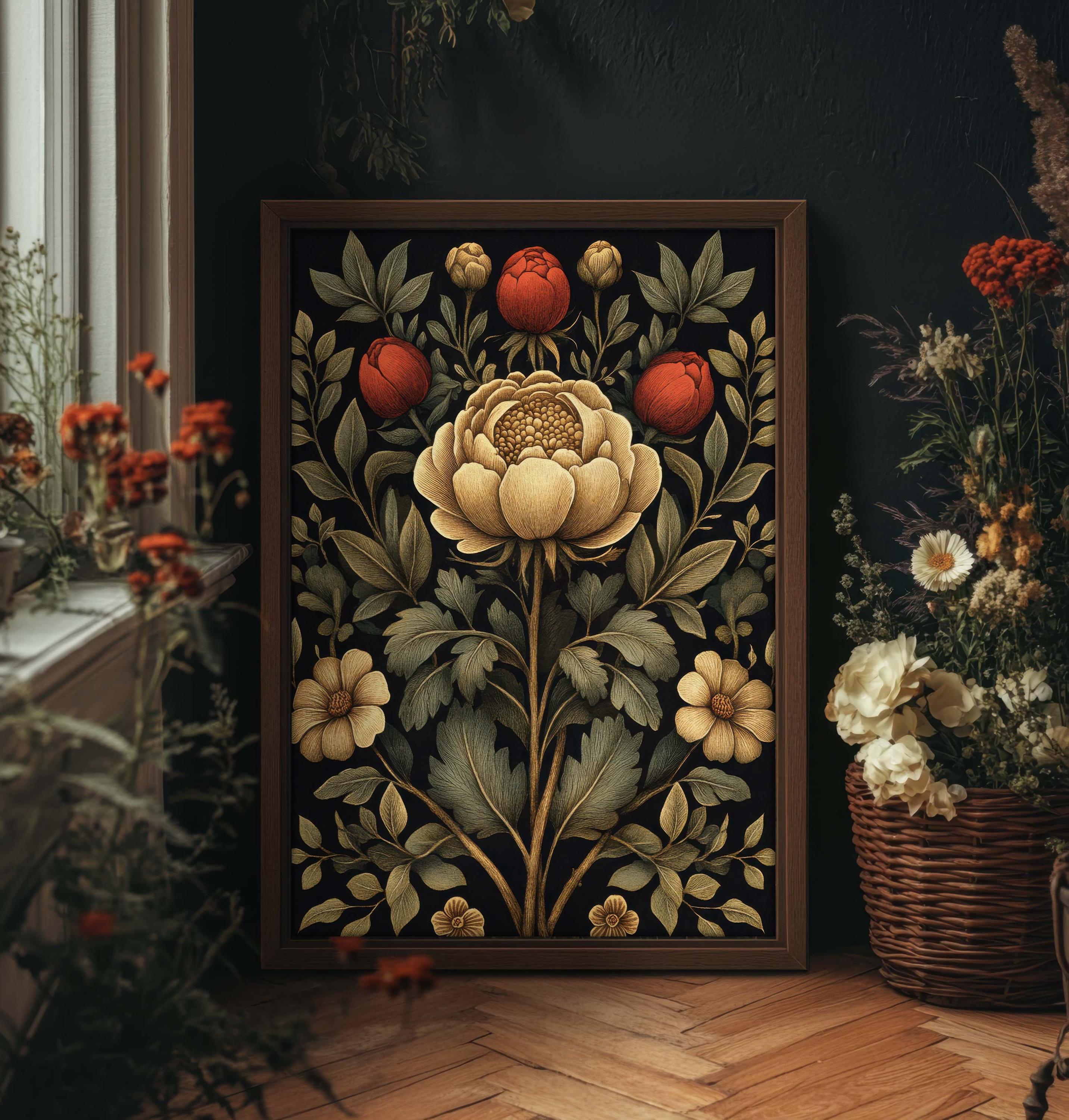 Dark Peony Print William Morris Style Wall Art, Dark Cottagecore, Moody Wall Decor, Whimsigoth Botanical Print, PRINTED AND SHIPPED, #75