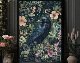 Black Crow Print Botanical William Morris Style Wall Art, Mystical Dark Cottagecore Folklore, Botanical Print, PRINTED AND SHIPPED, #103