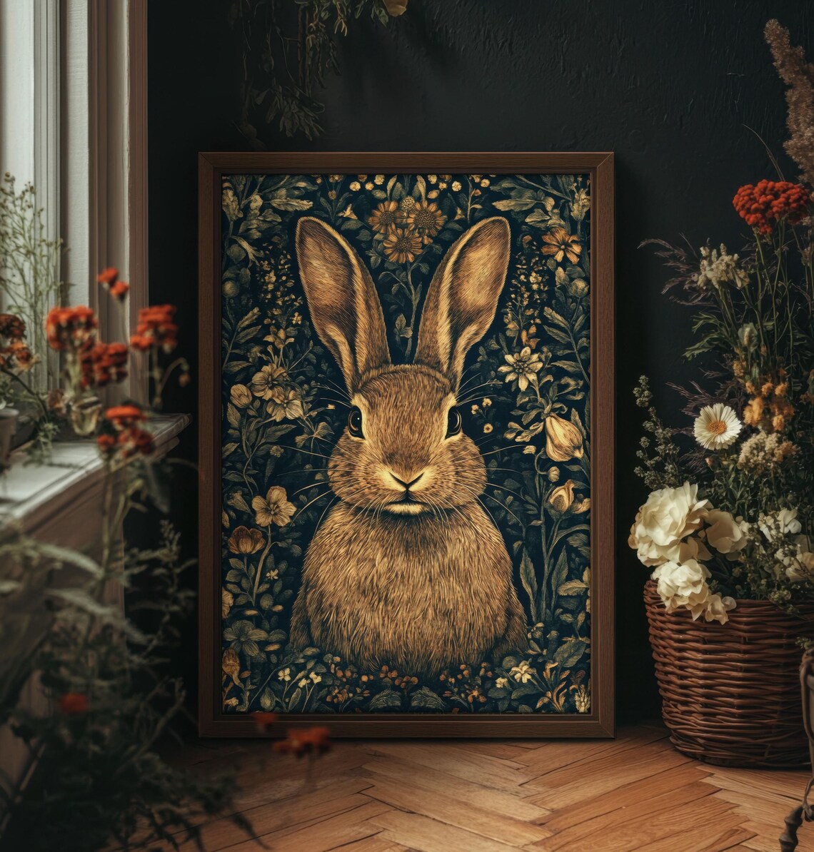 Moody Bunny Print William Morris Style Wall Art, Dark Cottagecore ...