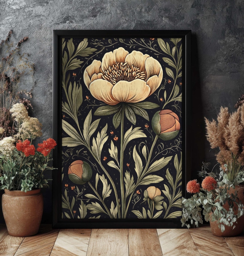 Moody Peony Print William Morris Style Wall Art, Dark Cottagecore, Moody Wall Decor, Whimsigoth Botanical Print, PRINTED AND SHIPPED, #90 image 9