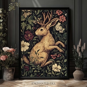 Jackalope Print Dark Botanical Art, William Morris Style, Dark Cottagecore Mythical Folklore Art, Whimsigoth Print, PRINTED AND SHIPPED, #97 image 6