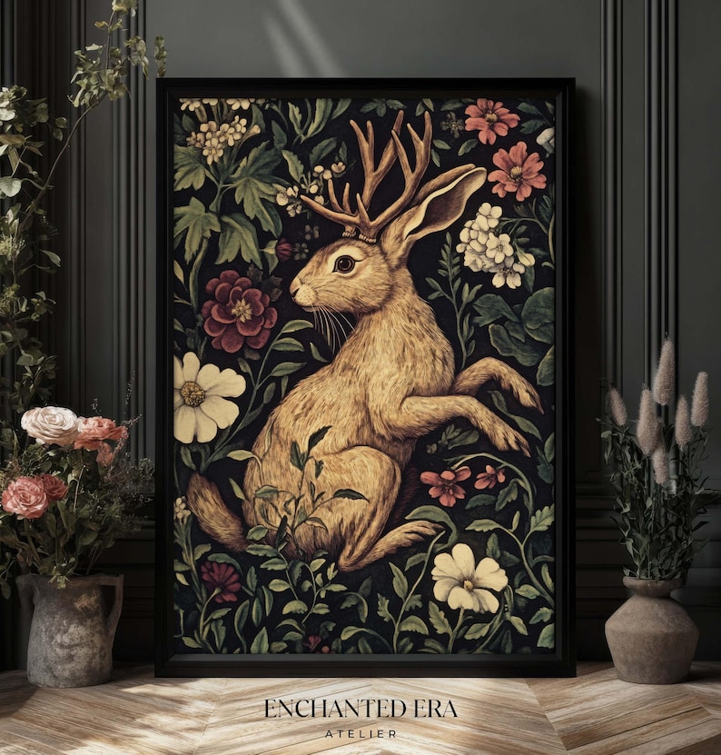 Jackalope Print Dark Botanical Art, William Morris Style, Dark Cottagecore Mythical Folklore Art, Whimsigoth Print, PRINTED AND SHIPPED, #97 image 6