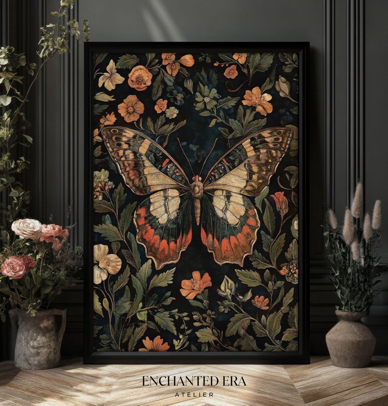 Dark Butterfly Print William Morris Style, Dark Cottagecore, Moody Wall ...